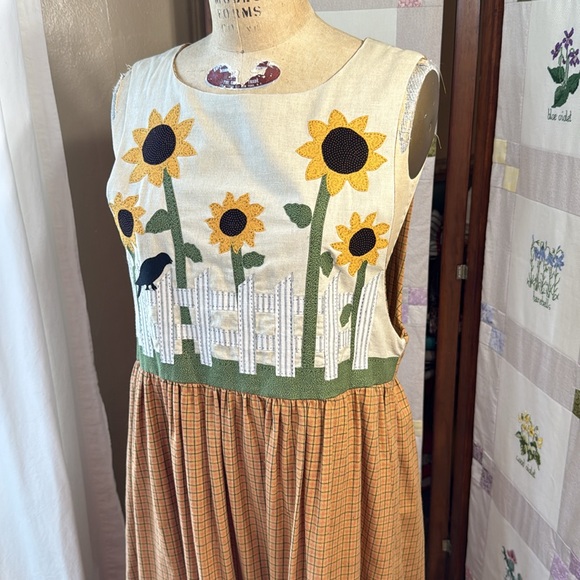 Dresses & Skirts - Vintage Sunflower Appliqué Jumper Dress – Handmade Prairie Folk Art Maxi